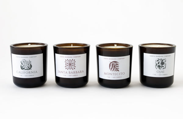 Destination Candle Collection - Amber Glass Candles pictured in California, Santa Barbara, Montecito and Ojai scents