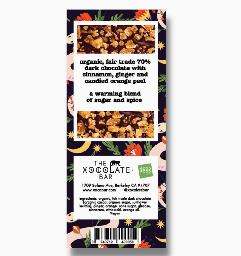 the back label of Cinnamon Spice chocolate bar