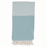 A cotton towel in a mint color with an intricate design and white fringe.