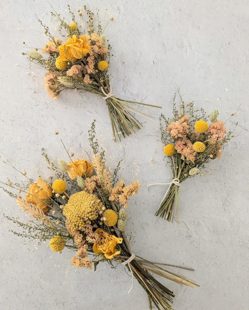 Mini Small and Medium yellow dried florals pictured.