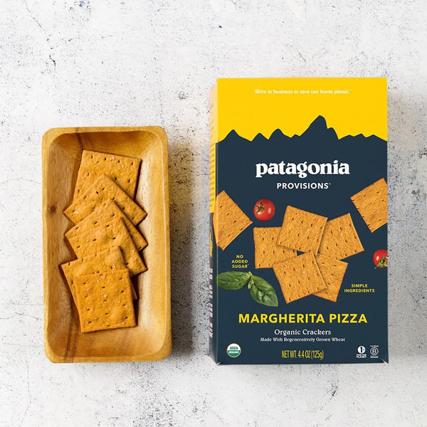 box of organic margherita pizza crackers with dish of crackers