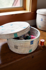 Lidded Round Storage Basket with Blue Dots