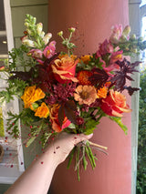 Fall Tones Classic Bouquet with roses, zinnias, strawflower, and more.