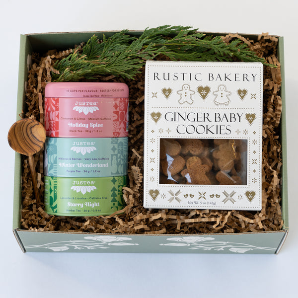 holiday hearth gift box from Santa Barbara Company with cookies and holiday tea