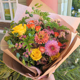 Joyful Classic Bouquet featuring zinnias, roses and dahlias.