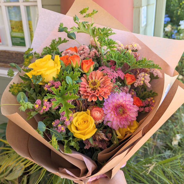 Joyful Classic Bouquet featuring zinnias, roses and dahlias.