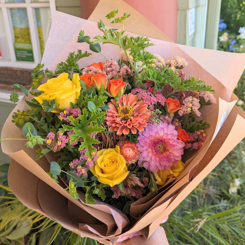 Joyful Classic Bouquet featuring zinnias, roses and dahlias.