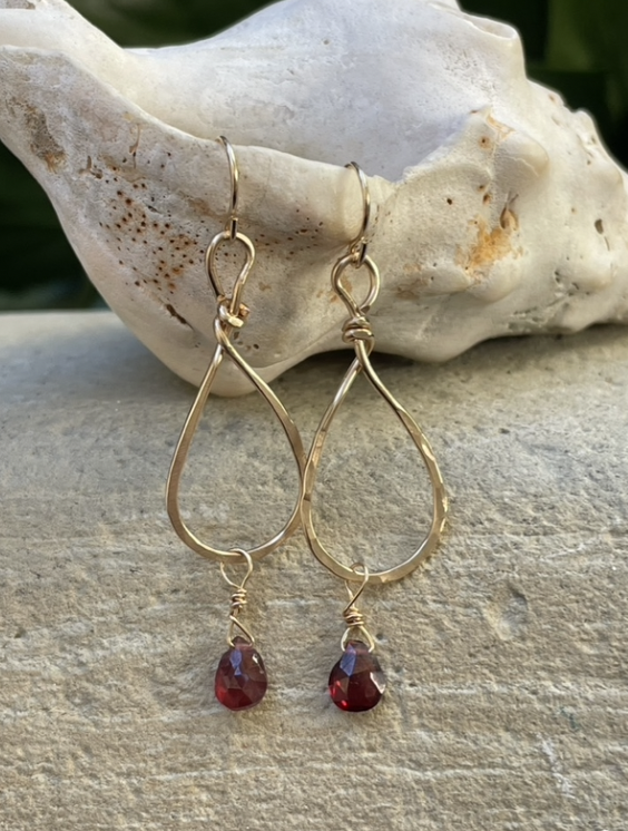 Garnet Dew Drop Hoop Earrings