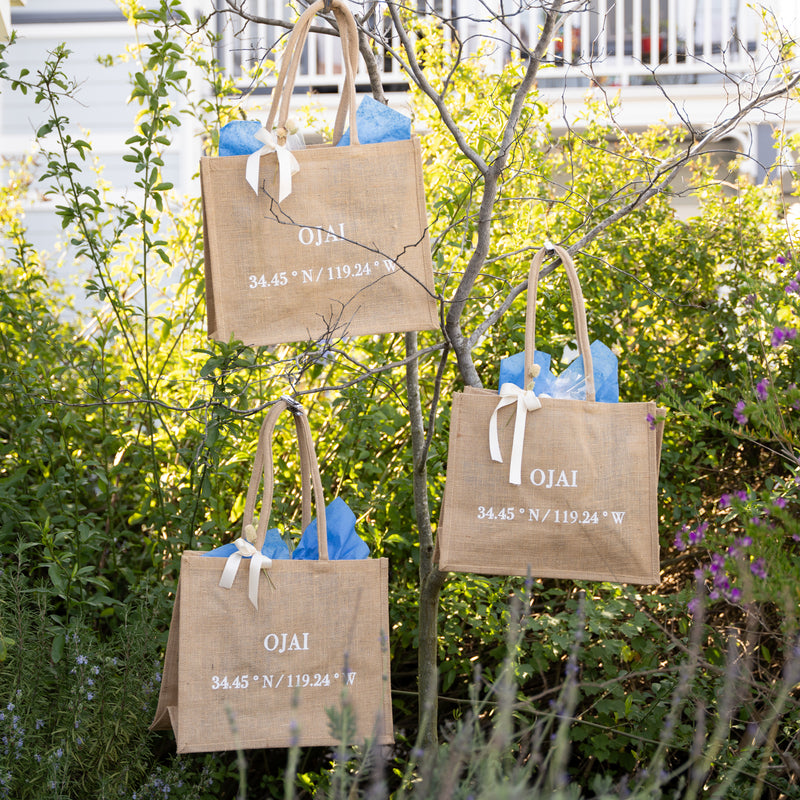 Three Ojai gift totes with tissue paper, hanging from a tree