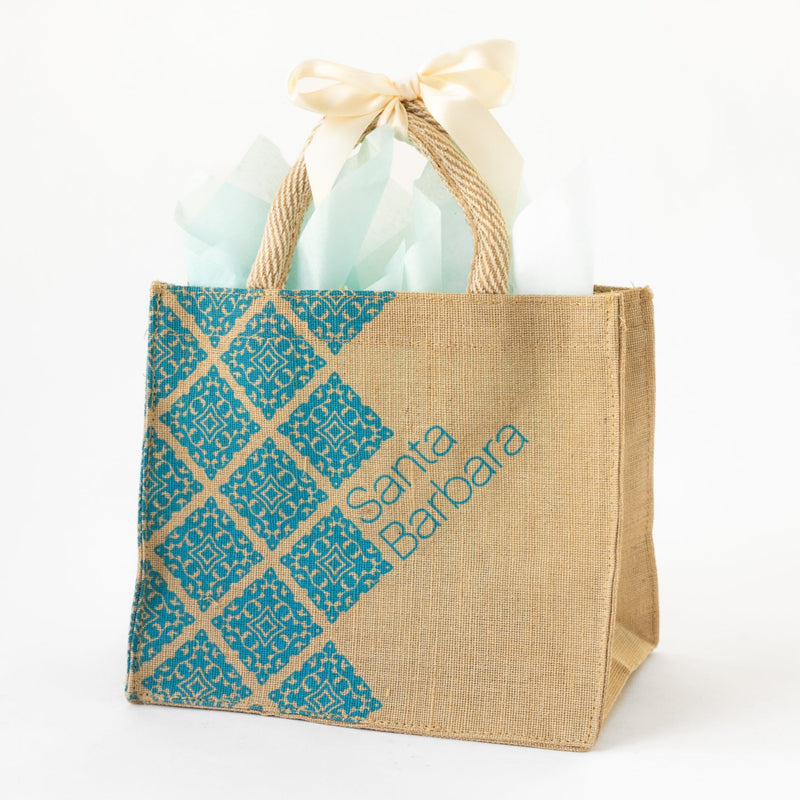 santa barbara gfit tote with ribbon and tissue paper