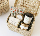 Handwoven basket filled with California spa essentials